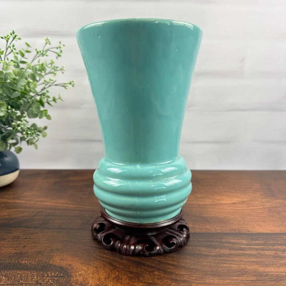 McCoy USA Pottery Aqua Turquoise Flared Vase Ringed Base Mid Century